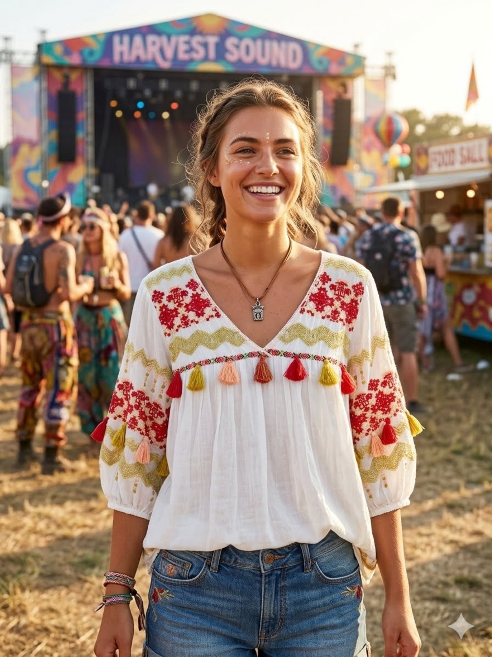 Sundance Ellora Sz Large Cotton Boho Peasants Embroidered Tassels White Top